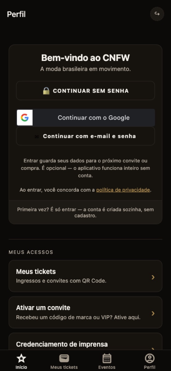 Primeira tela do aplicativo do CNFW, com o próximo evento e os botões de comprar ingresso e ativar convite